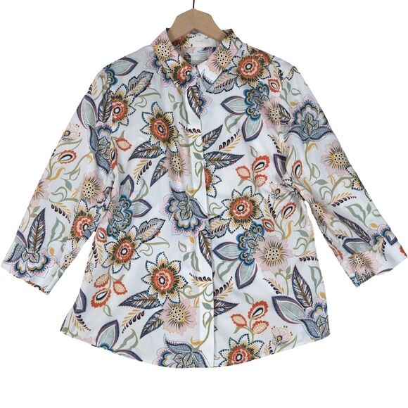 Chico’s No Iron Floral Button Up Shirt Size 2 (L/XL) Vibrant Bloom Print - Picture 1 of 7